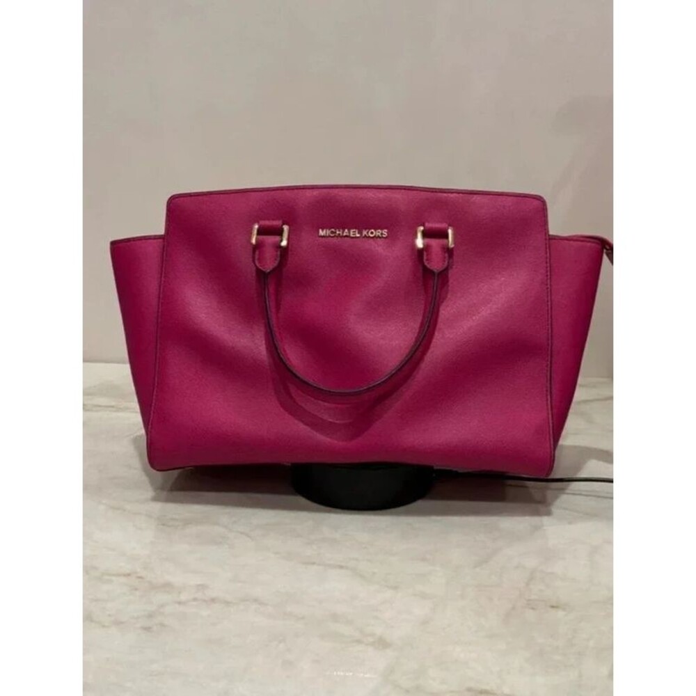 Michael Kors Selma Medium Saffiano Leather Satchel Bag Pink Fuchsia Magenta